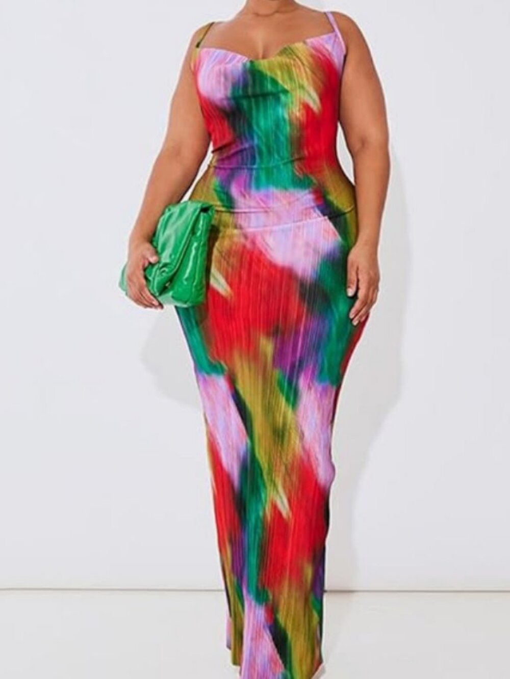 PrettyLittleThing Plus Pleated Halter Maxi Dress Rainbow Watercolor Size 24